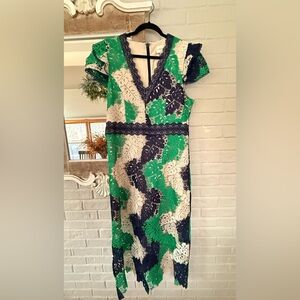 Adelyn Rae Green and Navy Lace Midi Dress
